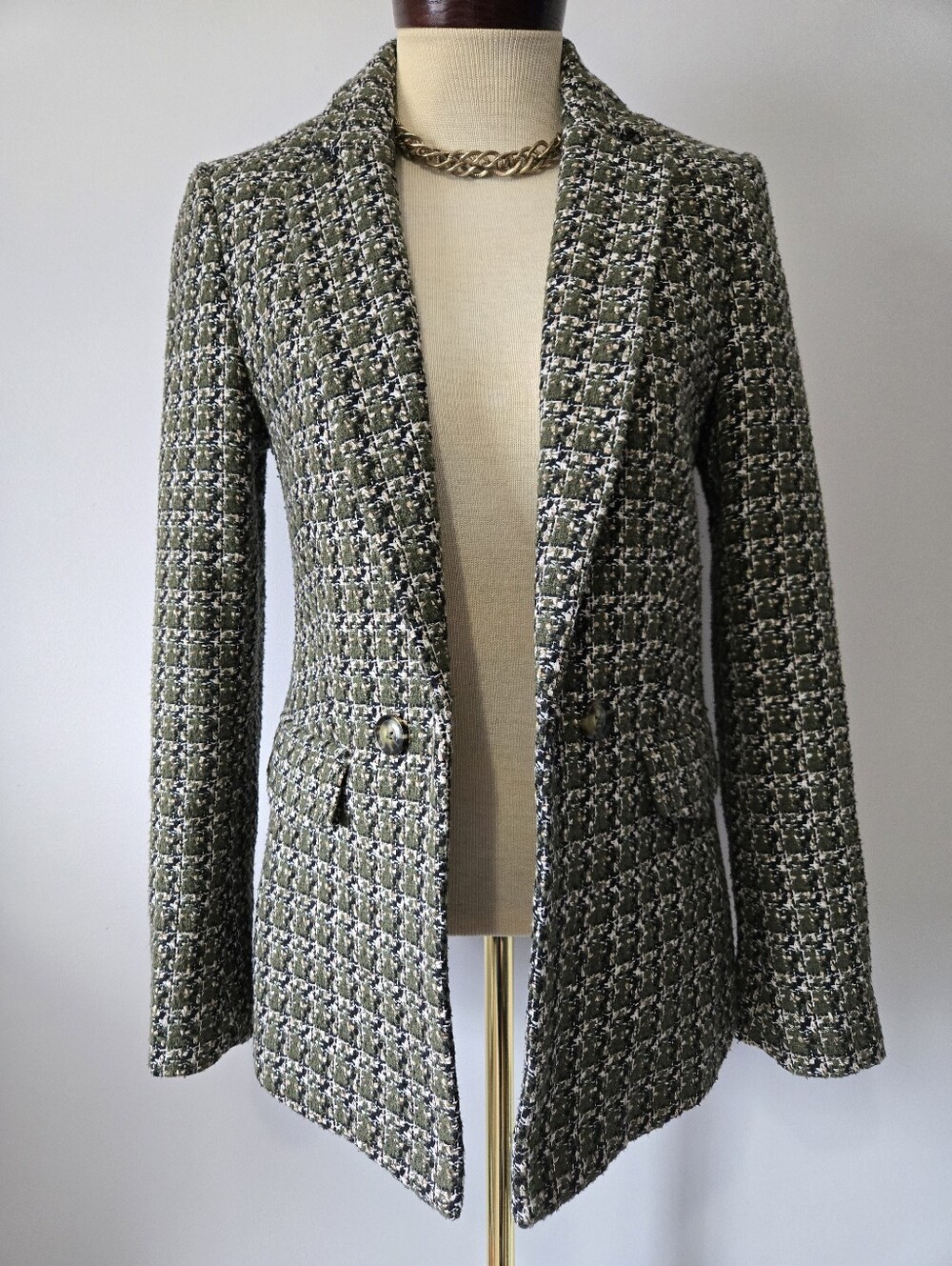 RW& Co  Olive Tweed Houndstooth Open Front Blazer Jacket . Size 4